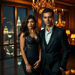 A dramatic and elegant scene featuring a woman with wavy dark hair in an exquisite black dress adorned with intricate lace details, standing alongside a man in a sleek dark suit and crisp white shirt