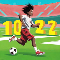 A high-quality digital art of a boy running across a football field, sporting short athletic pants and a shirt with a number '12' emblazoned across it