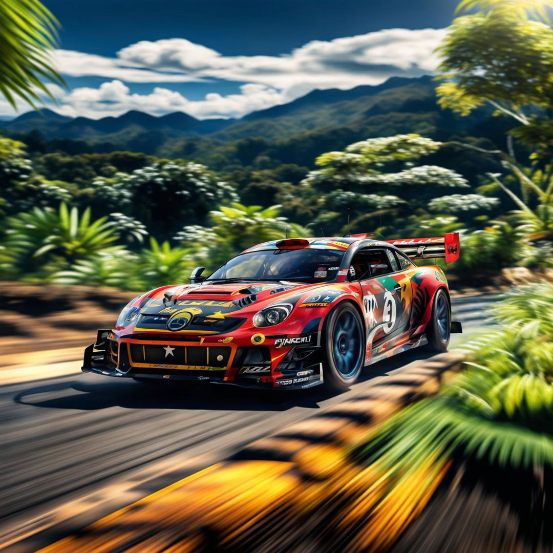 Digital art of a sleek, high-speed race car from Papua New Guinea, painted in the colours of the country's flag, racing on a track surrounded by dense rainforests and volcanic mountains