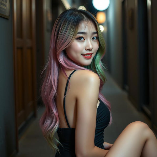 A beautiful Korean woman in an elegant and intimate pose, with long hair in shades of pink, green, and purple