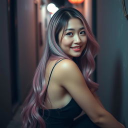 A beautiful Korean woman in an elegant and intimate pose, with long hair in shades of pink, green, and purple