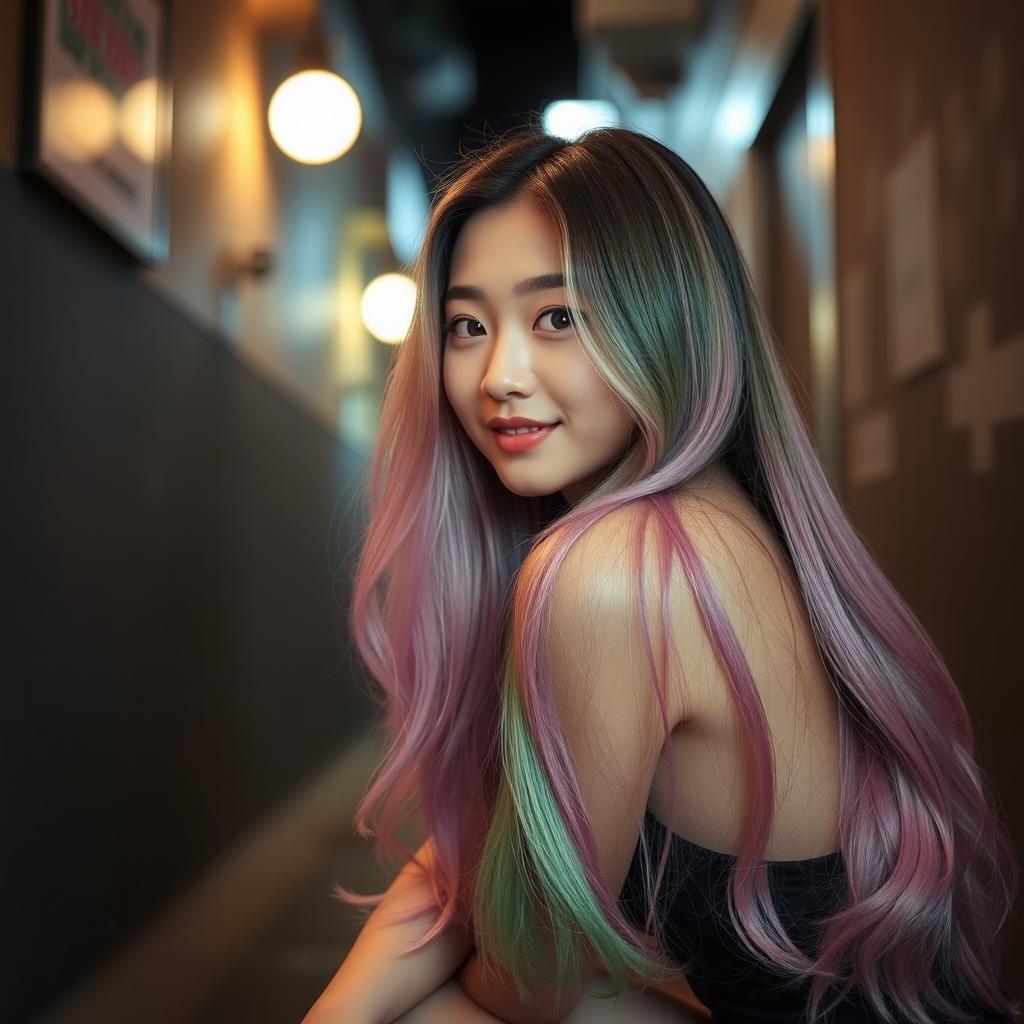 A beautiful Korean woman in an elegant and intimate pose, with long hair in shades of pink, green, and purple