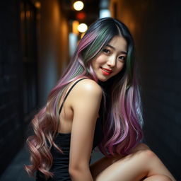 A beautiful Korean woman in an elegant and intimate pose, with long hair in shades of pink, green, and purple