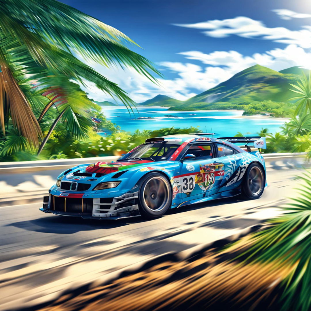 Digital art of a sleek, high-speed race car from Fiji, painted in the colours of the country's flag, racing on a track set against a backdrop of palm-fringed beaches and lush green mountains