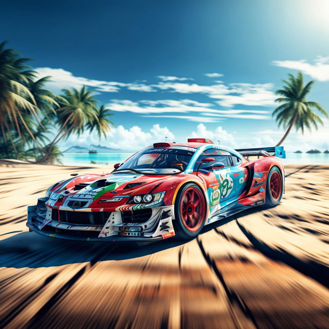 Digital art of a sleek, high-speed race car from Kiribati, painted in the colours of the country's flag, racing on a track set against a backdrop of sandy beaches and turquoise lagoons