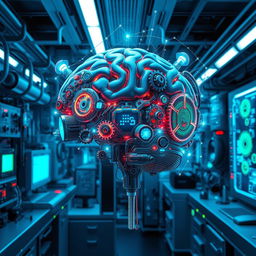 A futuristic and artistic representation of a human brain with intricate machinery integrated into its structure, emphasizing advanced technology