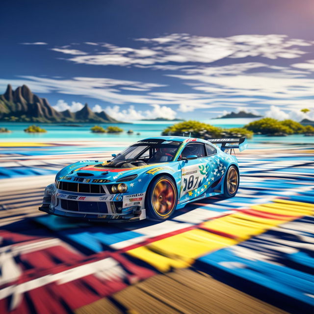 Digital art of a sleek, high-speed race car from Tuvalu, painted in the colours of the country's flag, racing on a track surrounded by coral atolls and turquoise lagoons