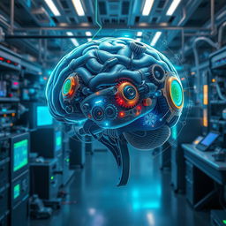 A futuristic and artistic representation of a human brain with intricate machinery integrated into its structure, emphasizing advanced technology