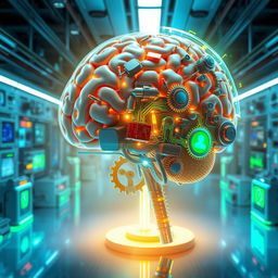 A futuristic and artistic representation of a human brain with intricate machinery integrated into its structure, emphasizing advanced technology