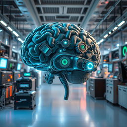 A futuristic and artistic representation of a human brain with intricate machinery integrated into its structure, emphasizing advanced technology
