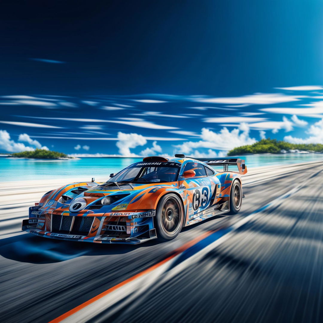 Digital art of a sleek, high-speed race car from the Marshall Islands, painted in the colours of the country's flag, racing on a track set against a backdrop of coral atolls and clear blue lagoons