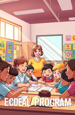 A detailed and vibrant illustration of an educational program, featuring a diverse group of enthusiastic children and a caring teacher in a classroom setting