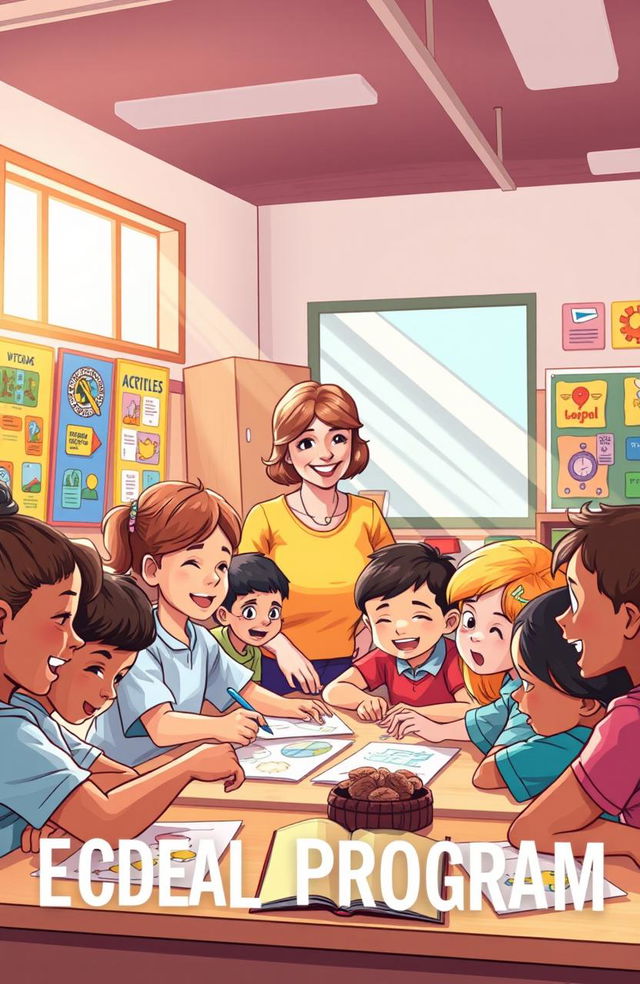 A detailed and vibrant illustration of an educational program, featuring a diverse group of enthusiastic children and a caring teacher in a classroom setting