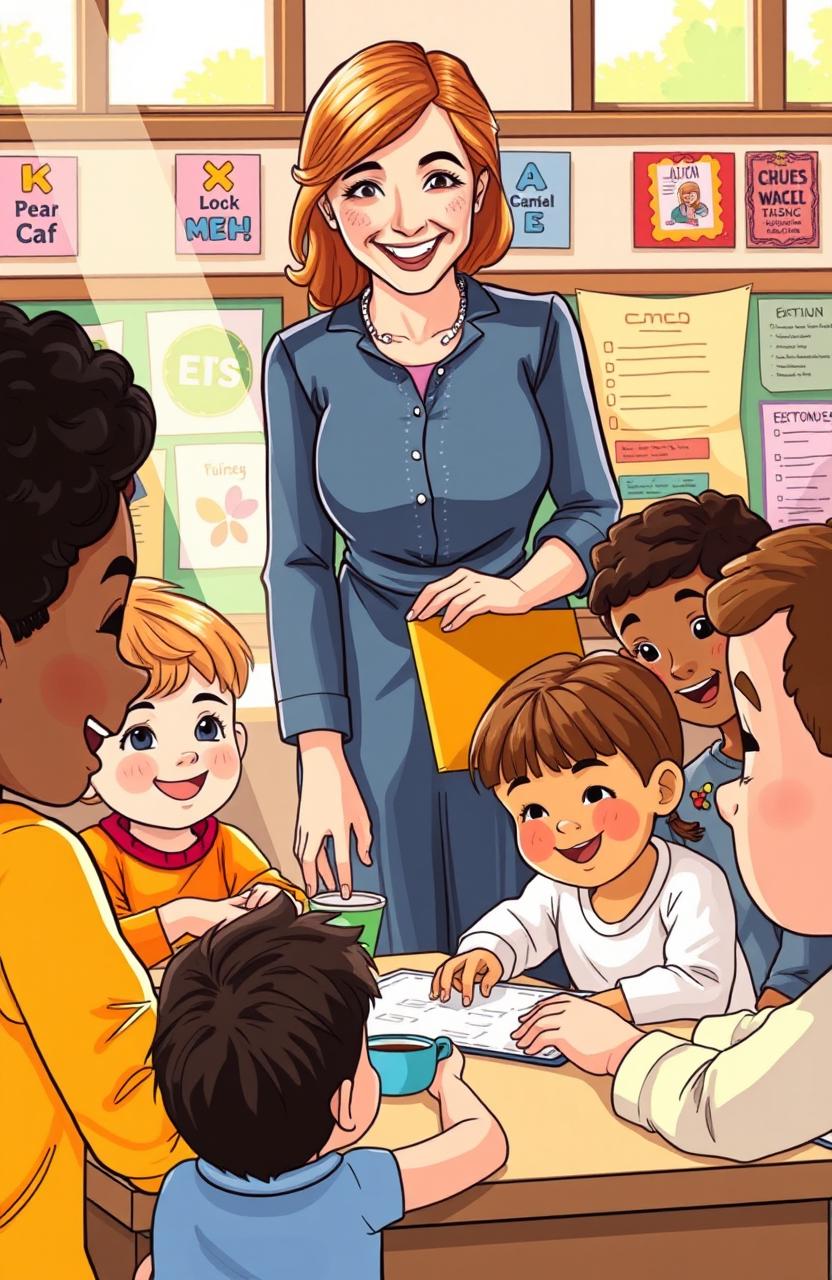 A detailed and vibrant illustration of an educational program, featuring a diverse group of enthusiastic children and a caring teacher in a classroom setting