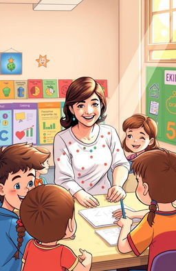 A detailed and vibrant illustration of an educational program, featuring a diverse group of enthusiastic children and a caring teacher in a classroom setting