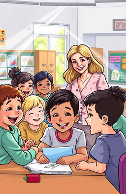 A detailed and vibrant illustration of an educational program, featuring a diverse group of enthusiastic children and a caring teacher in a classroom setting