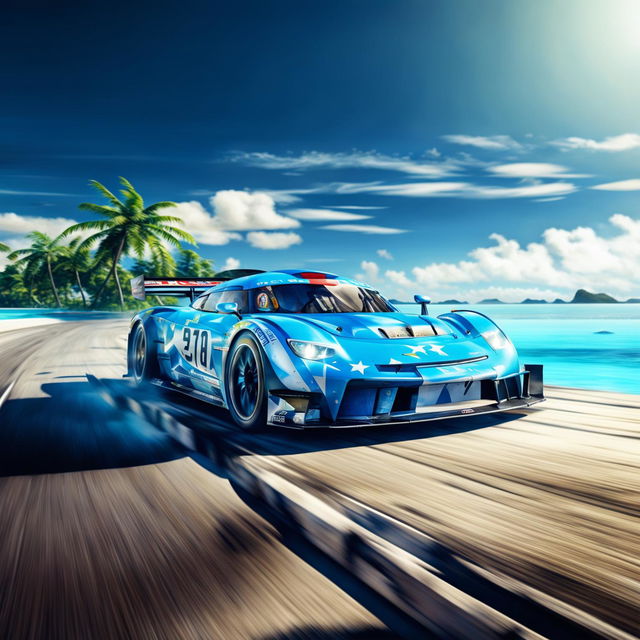 Digital art of a sleek, high-speed race car from Micronesia, painted in the colours of the country's flag, racing on a track set against a backdrop of tropical islands and clear blue lagoons