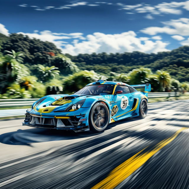 Digital art of a sleek, high-speed race car from Palau, painted in the colours of the country's flag, racing on a track set against a backdrop of lush forests and clear blue lagoons