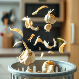 A dynamic video scene capturing the action of garlic peels being tossed into a trash can