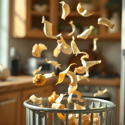 A dynamic video scene capturing the action of garlic peels being tossed into a trash can