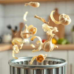 A dynamic video scene capturing the action of garlic peels being tossed into a trash can