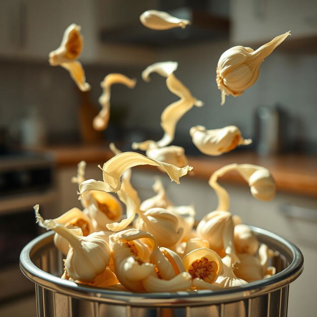 A dynamic video scene capturing the action of garlic peels being tossed into a trash can