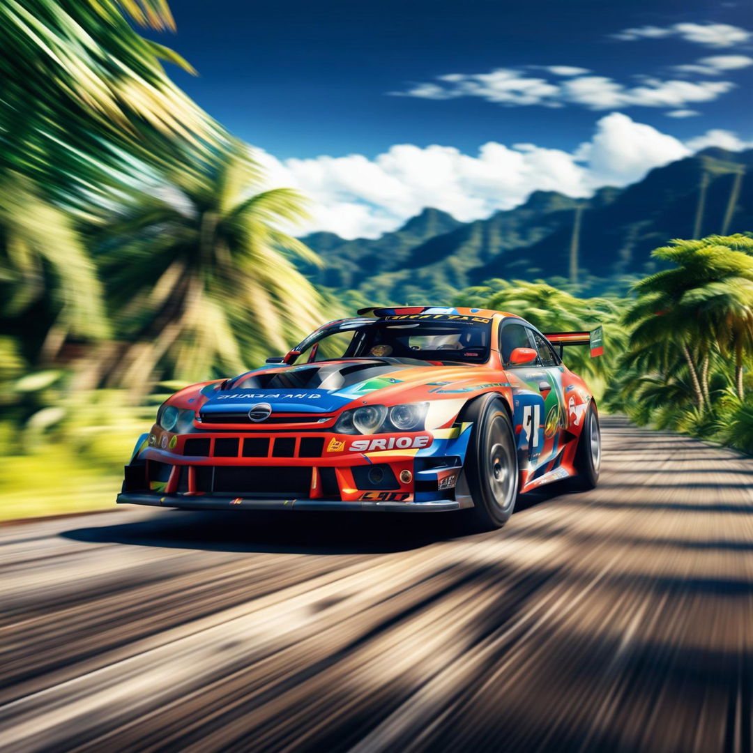 Digital art of a sleek, high-speed race car from Samoa, painted in the colours of the country's flag, racing on a track set against a backdrop of lush rainforests and clear blue lagoons