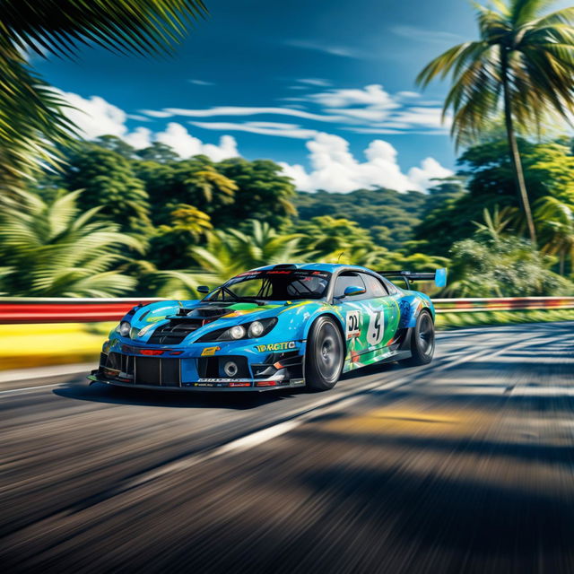 Digital art of a sleek, high-speed race car from the Solomon Islands, painted in the colours of the country's flag, racing on a track surrounded by lush rainforests and clear blue lagoons