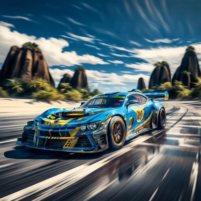 Digital art of a sleek, high-speed race car from Nauru, painted in the colours of the country's flag, racing on a track set against a backdrop of phosphate rock pinnacles and palm trees