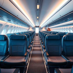 A stunning, high-resolution interior view of a commercial airplane cabin, showcasing empty rows of seats arranged in a neat and orderly fashion