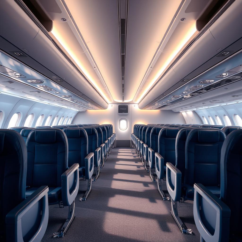A stunning, high-resolution interior view of a commercial airplane cabin, showcasing empty rows of seats arranged in a neat and orderly fashion