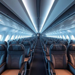 A stunning, high-resolution interior view of a commercial airplane cabin, showcasing empty rows of seats arranged in a neat and orderly fashion