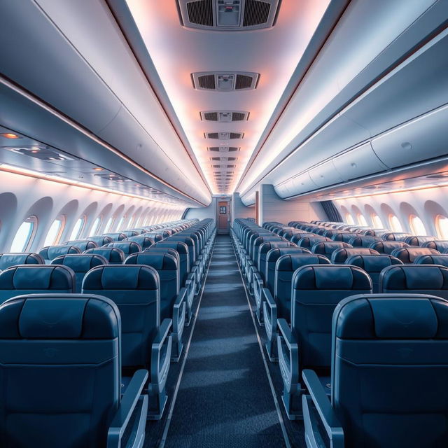 A stunning, high-resolution interior view of a commercial airplane cabin, showcasing empty rows of seats arranged in a neat and orderly fashion