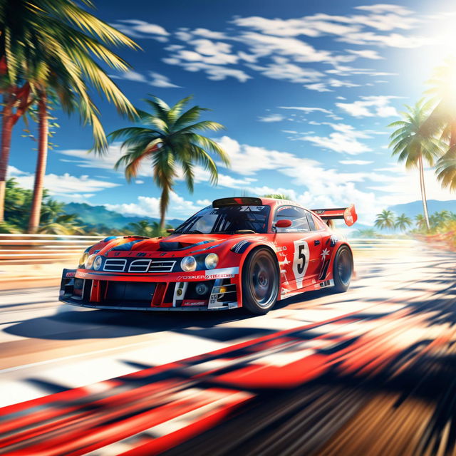 Digital art of a sleek, high-speed race car from Tonga, painted in the colours of the country's flag, racing on a track surrounded by sandy beaches and coconut palm trees