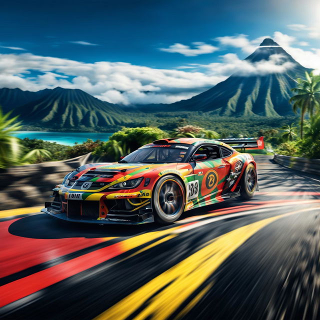 Digital art of a sleek, high-speed race car from Vanuatu, painted in the colours of the country's flag, racing on a track set against a backdrop of volcanic mountains and clear blue lagoons