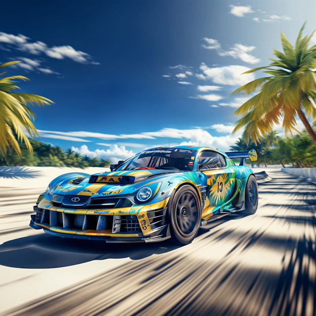 Digital art of a sleek, high-speed race car from the Cook Islands, painted in the colours of the country's flag, racing on a track set against a backdrop of white sandy beaches and palm trees