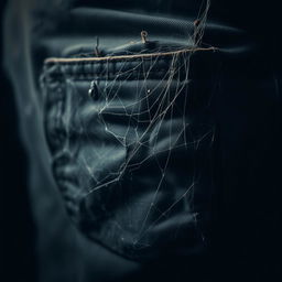 A close-up of an old, worn-out pocket that has spider webs covering it, giving it a mystical and abandoned look