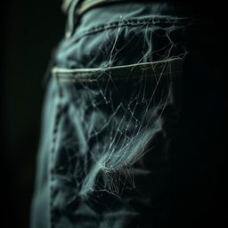 A close-up of an old, worn-out pocket that has spider webs covering it, giving it a mystical and abandoned look