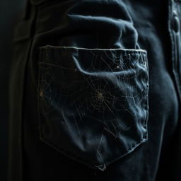 A close-up of an old, worn-out pocket that has spider webs covering it, giving it a mystical and abandoned look