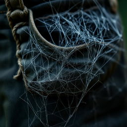 A close-up view of an old, neglected pocket that is intricately covered with spider webs, conveying a sense of neglect and time passing