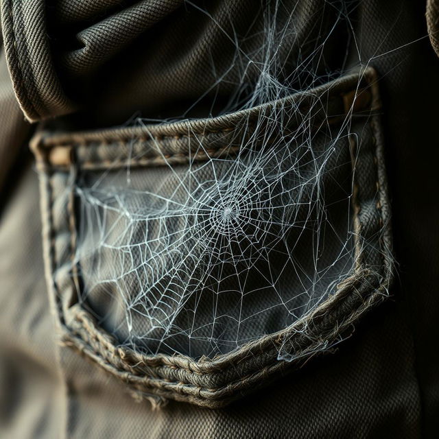 A close-up view of an old, neglected pocket that is intricately covered with spider webs, conveying a sense of neglect and time passing