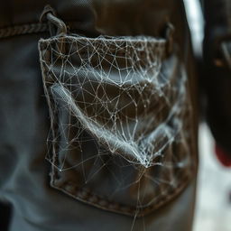 A close-up view of an old, neglected pocket that is intricately covered with spider webs, conveying a sense of neglect and time passing