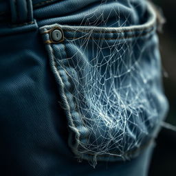 A close-up view of an old, neglected pocket that is intricately covered with spider webs, conveying a sense of neglect and time passing