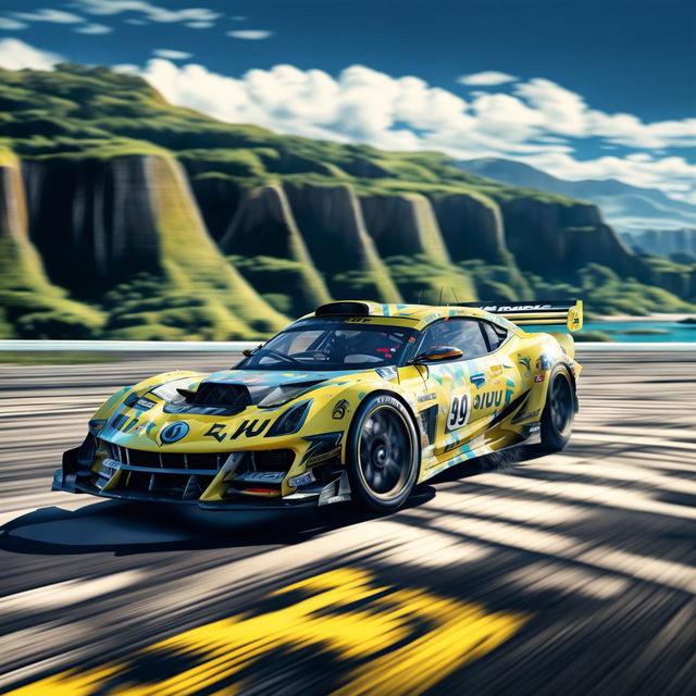 Digital art of a sleek, high-speed race car from Niue, painted in the colours of the country's flag, racing on a track set against a backdrop of limestone cliffs and clear blue lagoons