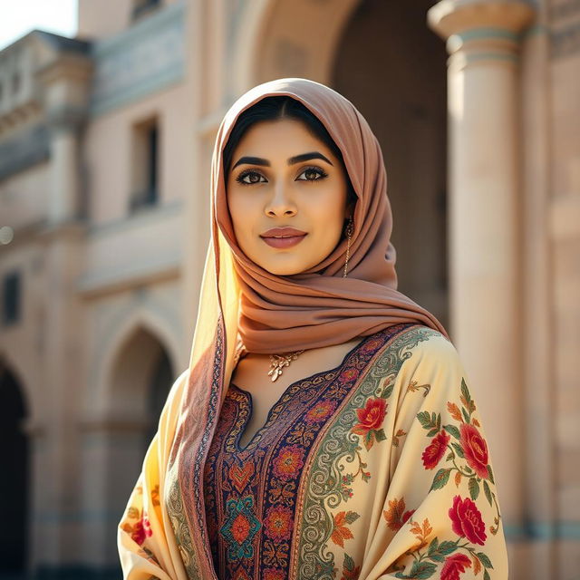 Mia Khalifa wearing traditional Middle Eastern dress, featuring an elegant hijab and a beautifully embroidered abaya adorned with intricate patterns and vibrant colors, soft natural lighting highlighting her features, standing against a backdrop of ancient architecture, showcasing cultural richness and heritage with a serene expression