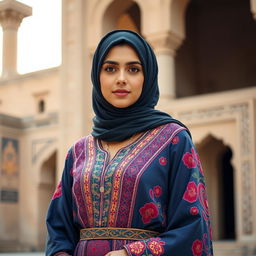 Mia Khalifa wearing traditional Middle Eastern dress, featuring an elegant hijab and a beautifully embroidered abaya adorned with intricate patterns and vibrant colors, soft natural lighting highlighting her features, standing against a backdrop of ancient architecture, showcasing cultural richness and heritage with a serene expression