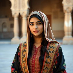 Mia Khalifa wearing traditional Middle Eastern dress, featuring an elegant hijab and a beautifully embroidered abaya adorned with intricate patterns and vibrant colors, soft natural lighting highlighting her features, standing against a backdrop of ancient architecture, showcasing cultural richness and heritage with a serene expression