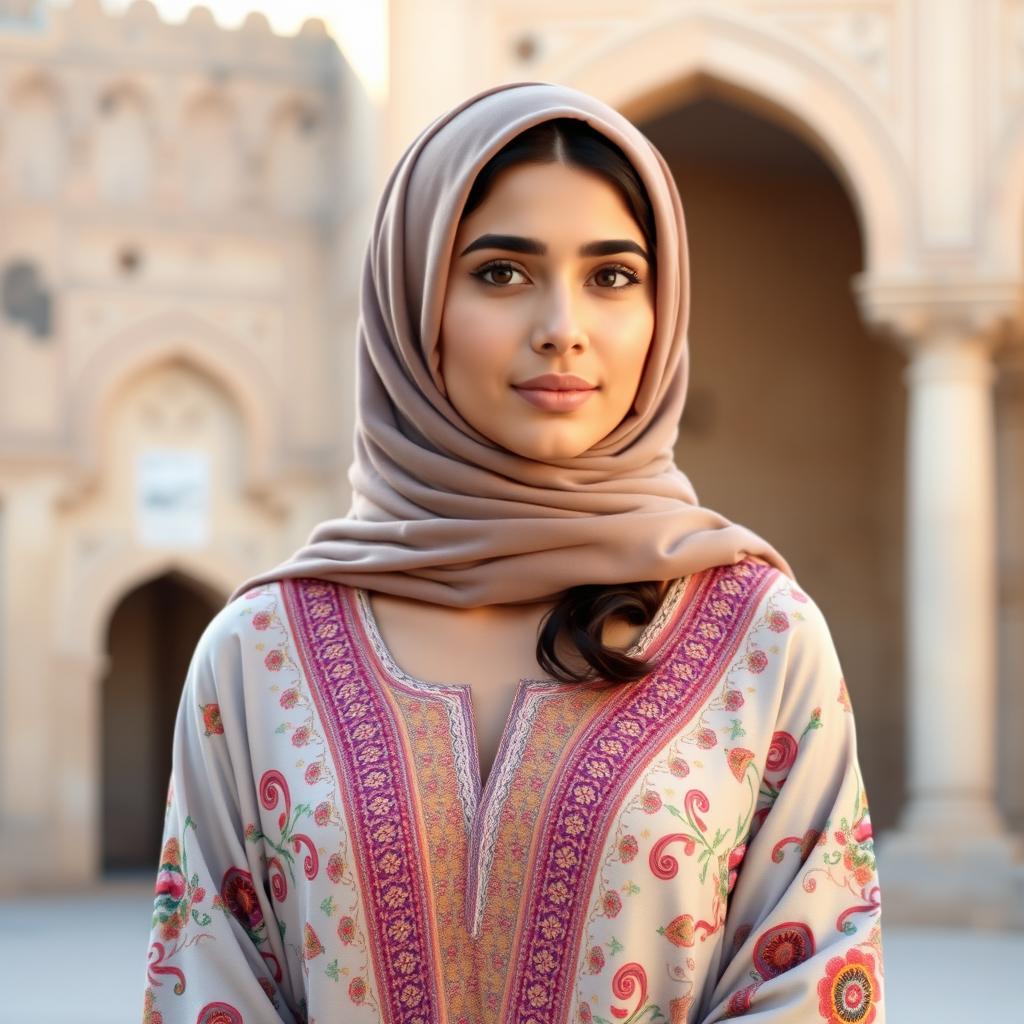 Mia Khalifa wearing traditional Middle Eastern dress, featuring an elegant hijab and a beautifully embroidered abaya adorned with intricate patterns and vibrant colors, soft natural lighting highlighting her features, standing against a backdrop of ancient architecture, showcasing cultural richness and heritage with a serene expression