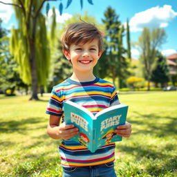 A tall, young boy holding a book in his hands, standing in a vibrant and cheerful environment
