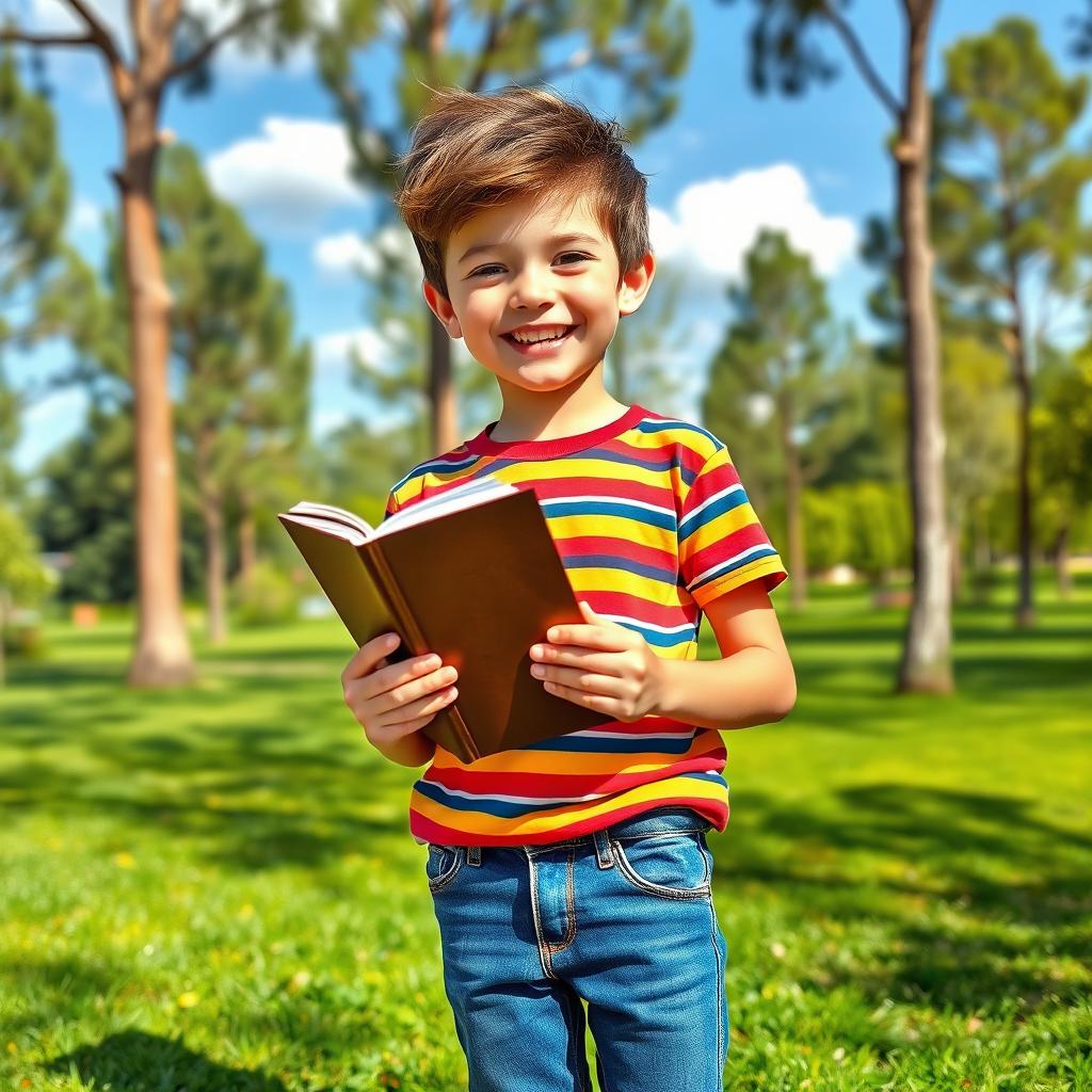 A tall, young boy holding a book in his hands, standing in a vibrant and cheerful environment